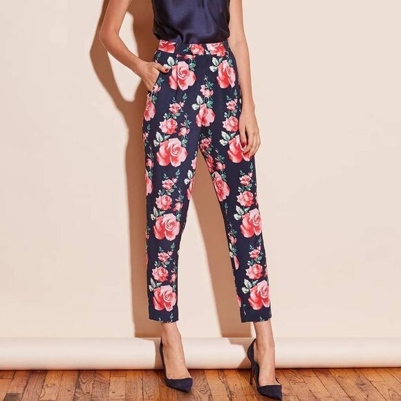 Fleur du Mal Navy Vintage Rose Silk Trousers - Picture 1 of 11